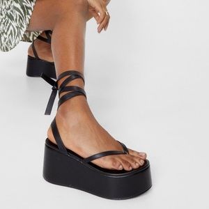 Faux leather toe thong tie platform sandals